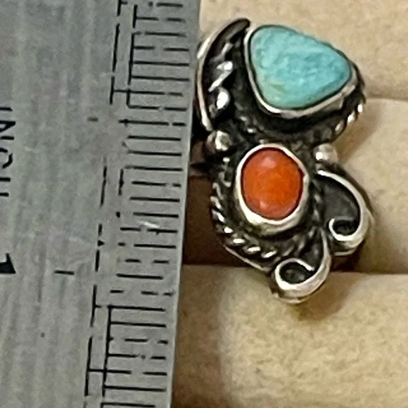 VTG Native American Navajo Sterling Silver Turquoise Coral Ring Sz 5.25 - Picture 4 of 6